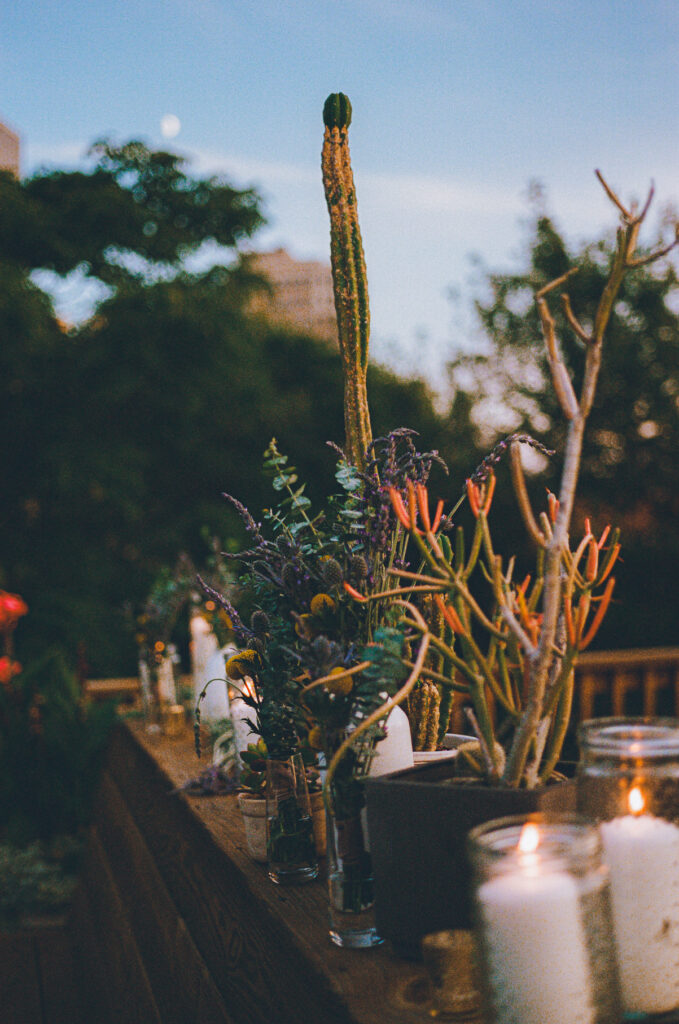 A gay couple celebrates their wedding day at home with a DIY reception on their rooftop in Lakeview, Chicago.
