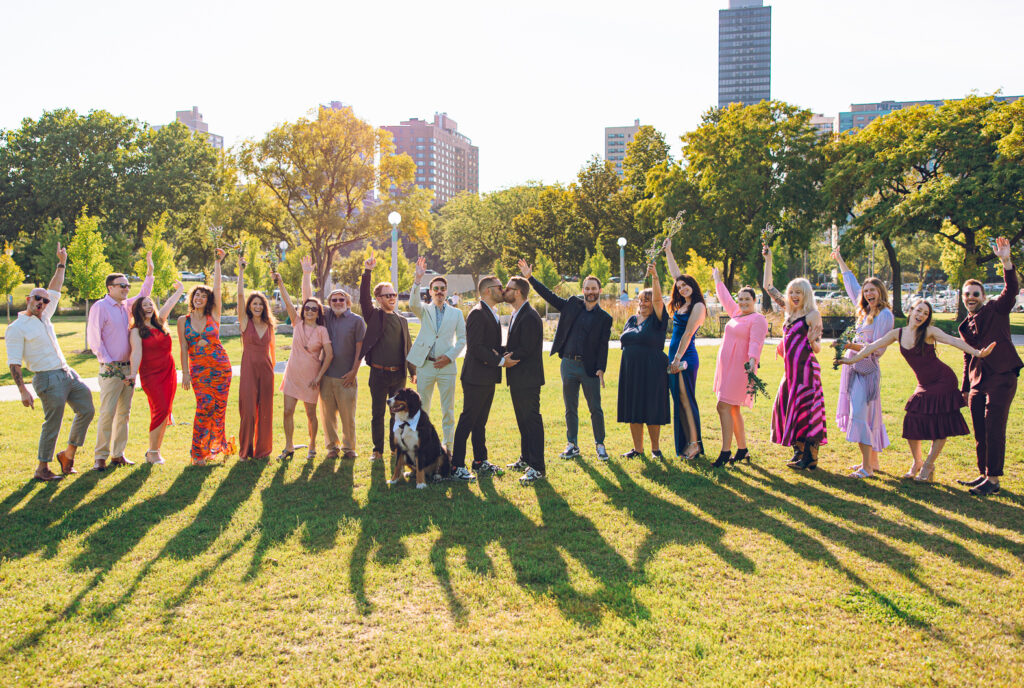 A gay couple exchanges vows at the AIDS Memorial Garden in Chicago.