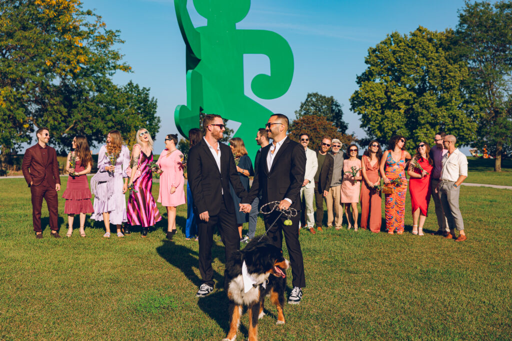 A gay couple exchanges vows at the AIDS Memorial Garden in Chicago.