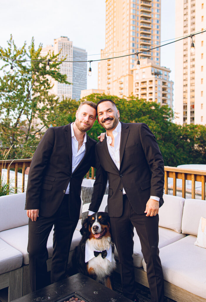 A gay couple celebrates their wedding day at home with a DIY reception on their rooftop in Lakeview, Chicago.