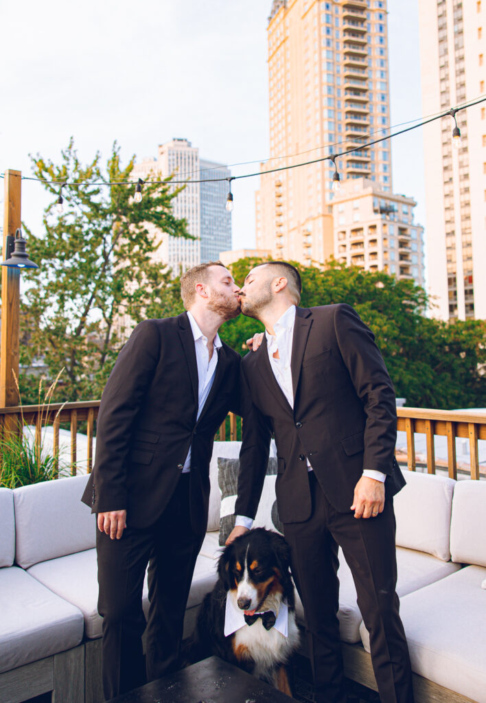 A gay couple celebrates their wedding day at home with a DIY reception on their rooftop in Lakeview, Chicago.