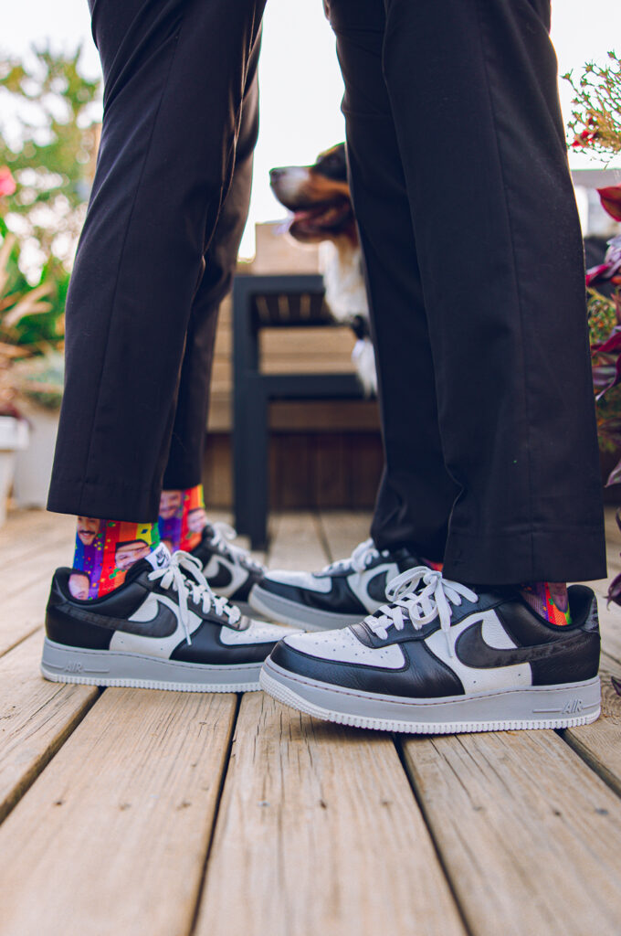 A gay couple celebrates their wedding day at home with a DIY reception on their rooftop in Lakeview, Chicago.