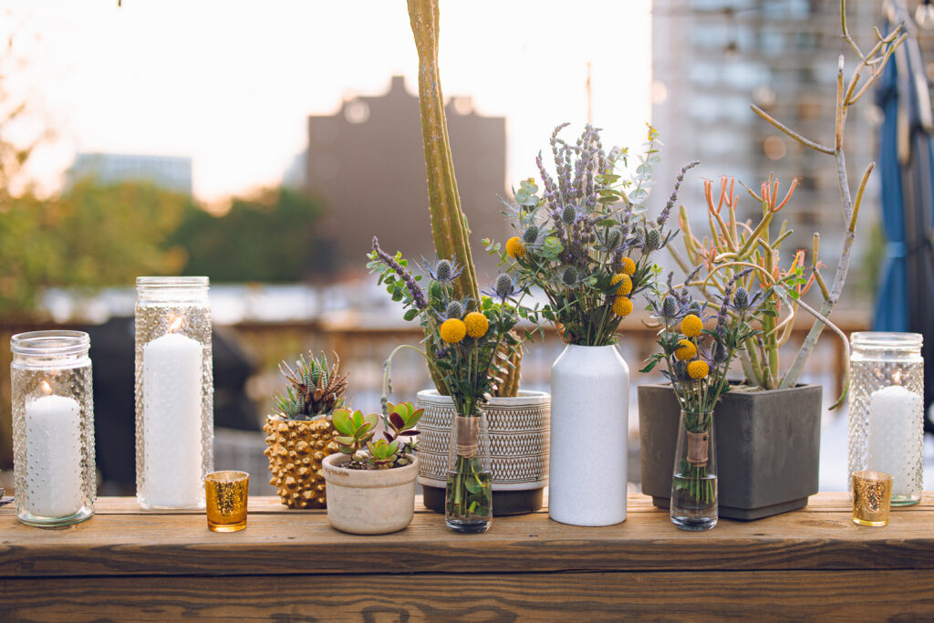 A gay couple celebrates their wedding day at home with a DIY reception on their rooftop in Lakeview, Chicago.