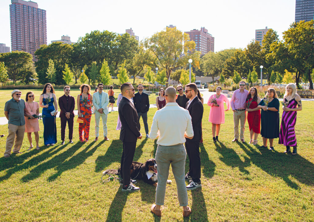 A gay couple exchanges vows at the AIDS Memorial Garden in Chicago.