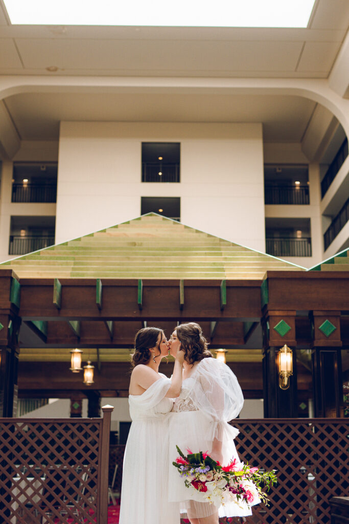 A queer couple gets ready before their wedding at the Doubletree Hotel in Downer's Grove, Illinois.