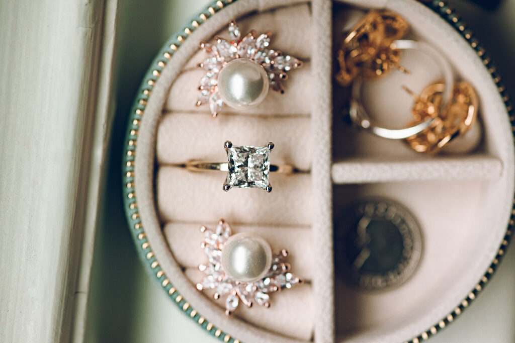 A couple getting ready at the Palmer House Hotel in the Loop in Chicago