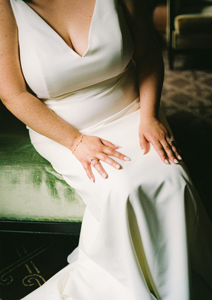 A couple getting ready at the Palmer House Hotel in the Loop in Chicago