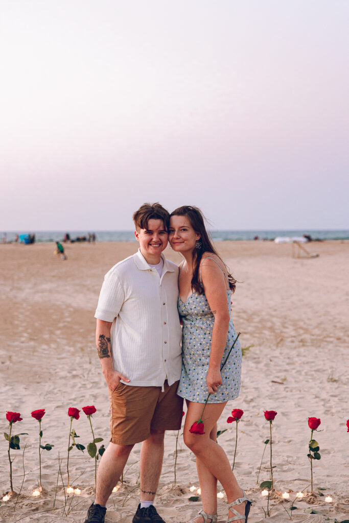A queer proposal on Montrose Beach at sunset