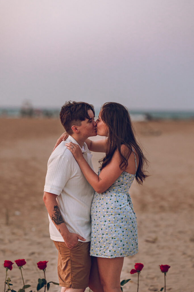 A queer proposal on Montrose Beach at sunset