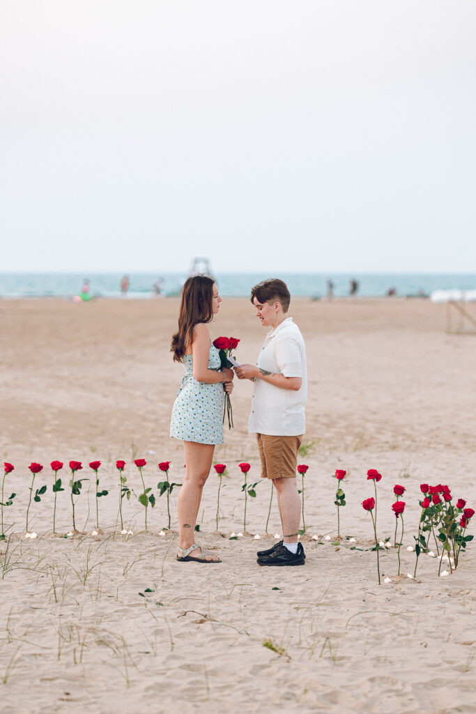 A queer proposal on Montrose Beach at sunset