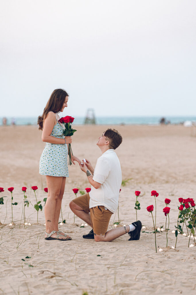 A queer proposal on Montrose Beach at sunset
