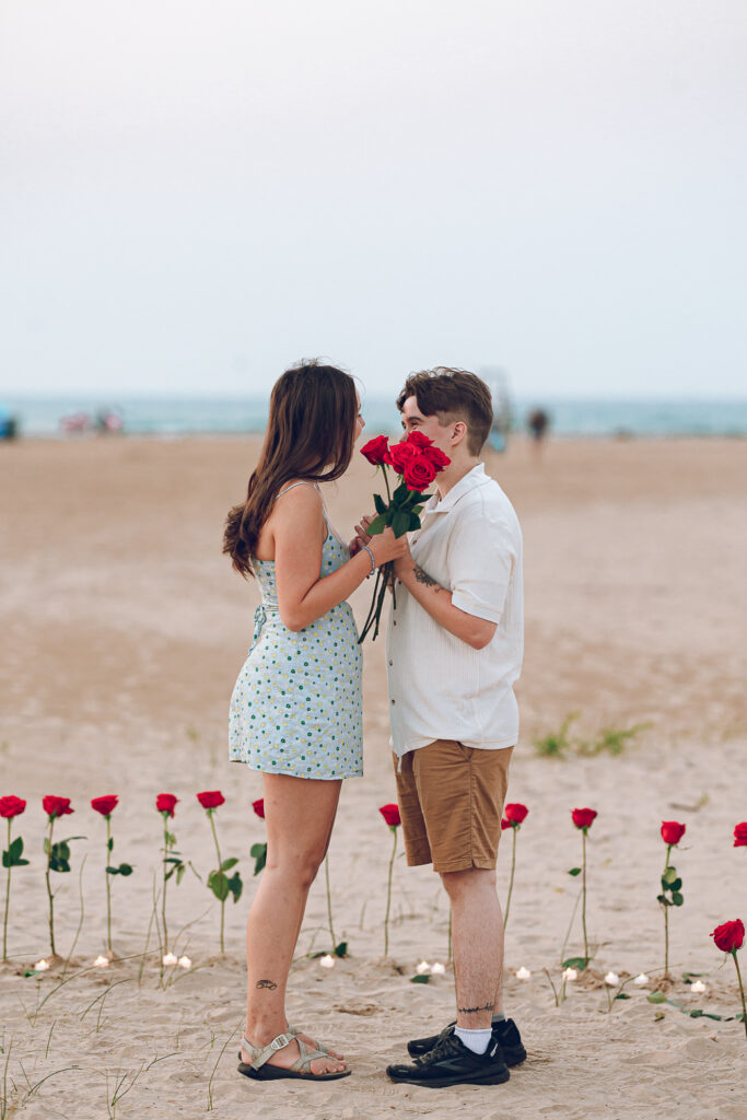 A queer proposal on Montrose Beach at sunset