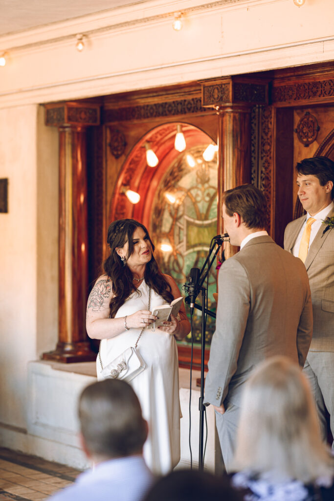 A couple gets celebrates their wedding at Pleasant House in Oak Park, Illinois.