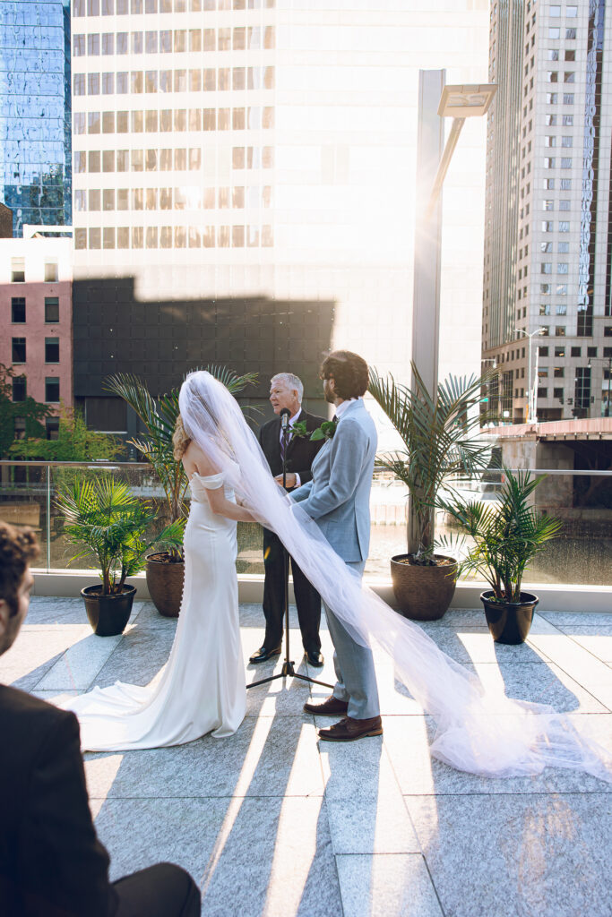 A couple gets married at Porter Kitchen and Deck on the Chicago River.