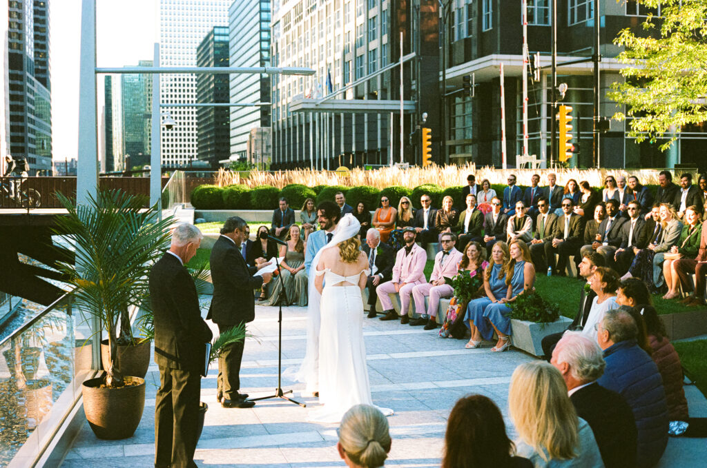 A couple gets married at Porter Kitchen and Deck on the Chicago River.